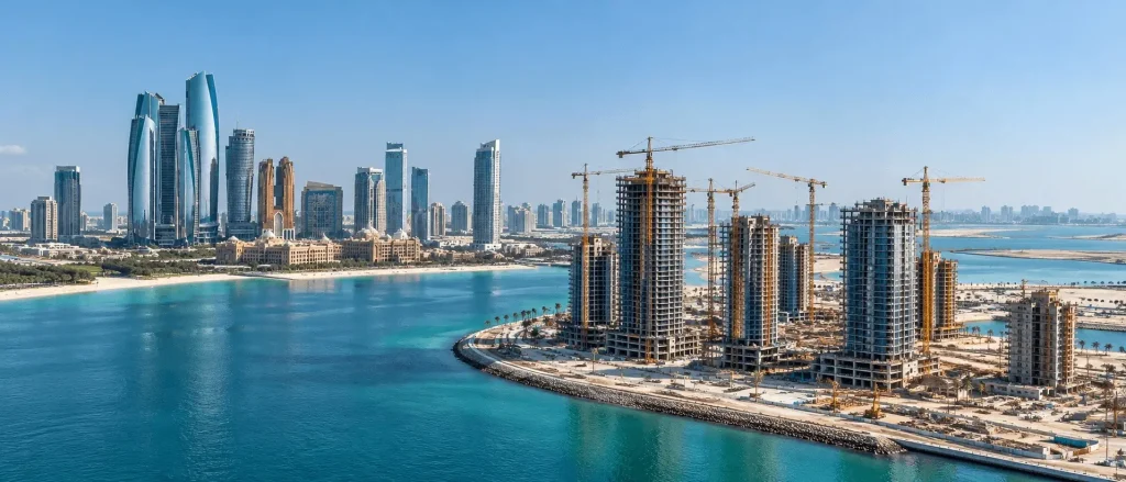 Chantier immobilier sur plan à Abu Dhabi en 2026, tours résidentielles en construction